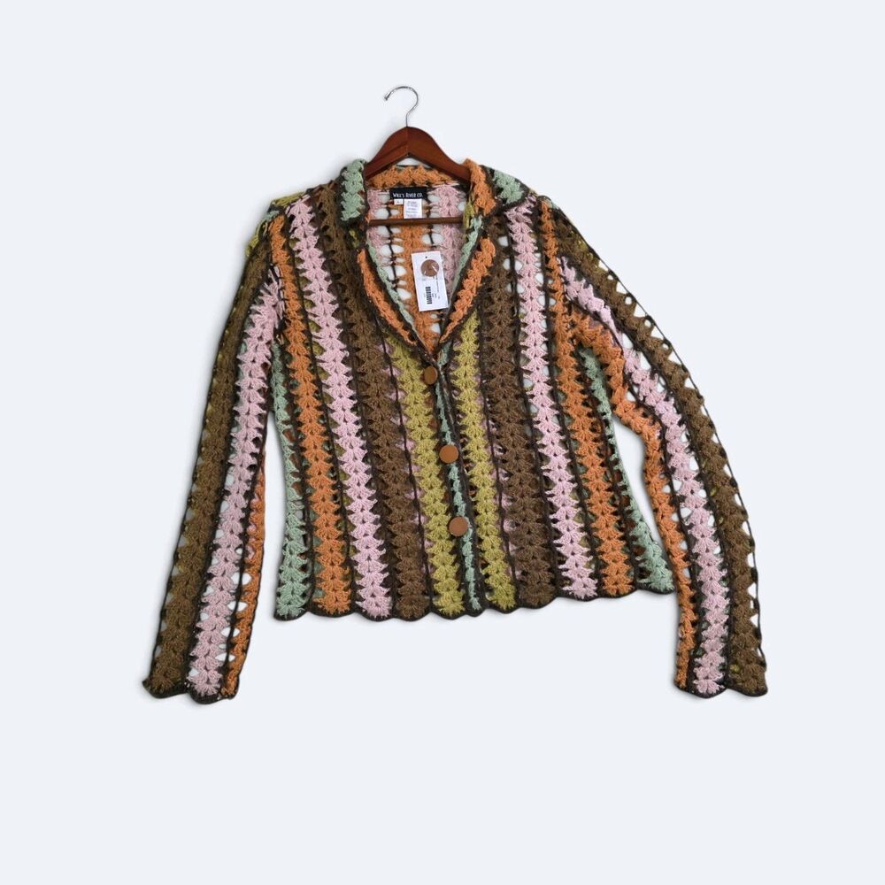 NWT Will’s River Co. Open Stitch Mohair Blend Crochet Cardigan Stripe Size L